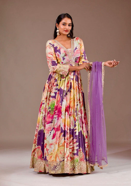 Pretty Multi Color Chinon Silk Embroidery Work Gown