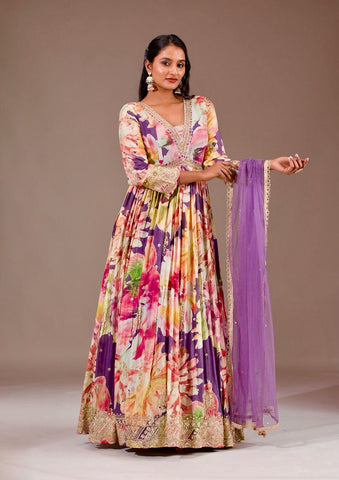 Pretty Multi Color Chinon Silk Embroidery Work Gown