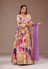 Pretty Multi Color Chinon Silk Embroidery Work Gown