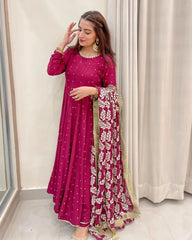 Fancy Embroidery Sequence Pink Color Gown