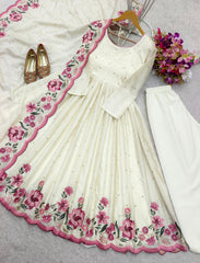 White Color Embroidered Chinon Silk Gown