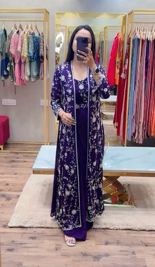 Stunning Chinon Silk Blue Color Saree With Koti