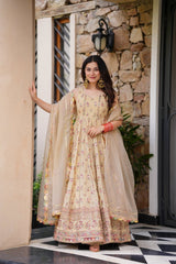 Ravishing Pista Simmer Embroidery Work Gown
