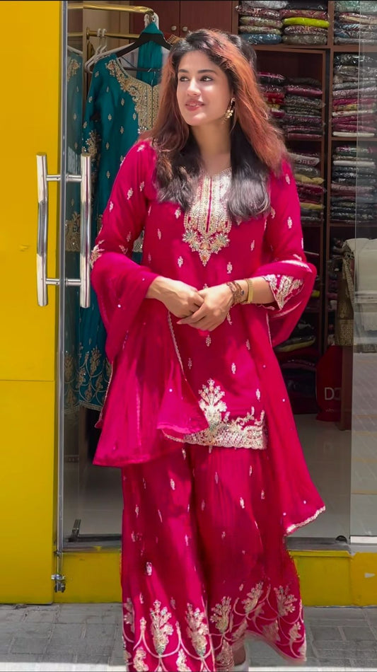 Ravishing Embroidery Work Pink Color Sharara Suit