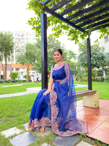 Beautiful Lace Border Organza Silk Navy Blue Color Saree