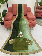 Stylish Sequence Lace work Mehndi Double Shaded Saree