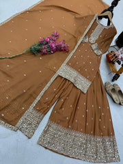 Designer Brown Color Heavy Work Chinon Silk Palazzo Suit