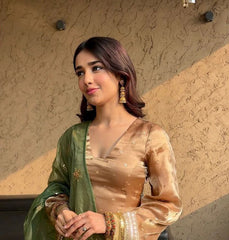 Blissful Embroidery Work Beige Color Salwar Suit With Green Dupatta
