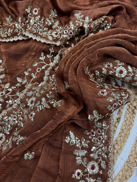 Designer Embroidery Work Brown Color Saree