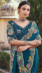 Wedding & Party Wear Embroidery Work Teal Blue Color Saree