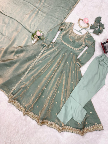Shining Sequence Work Green Color Silk Gown