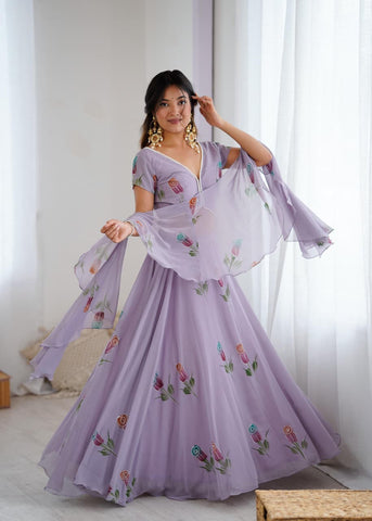 Lovely Lavender Georgette Hand Painted Lehenga