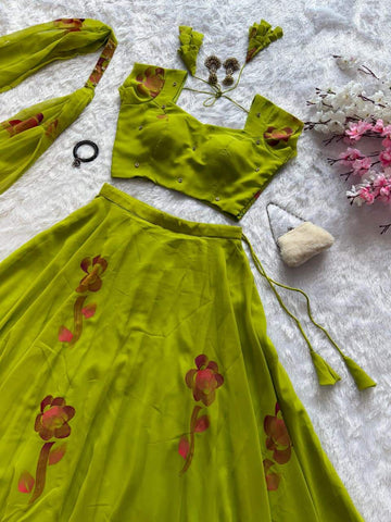 Innovative Green Georgette Hand Painted Lehenga