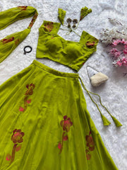Innovative Green Georgette Hand Painted Lehenga