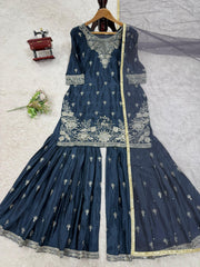Delightful Teal Blue Color Sequence Work Sharara Suit