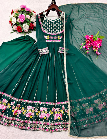 Trendy Green Georgette Embroidery Work Gown