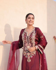 Exclusive Maroon Satin Silk Work Palazzo Suit