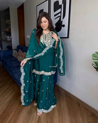 Attractive Chinon Silk Teal Blue Color Sharara Suit