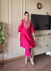 Pink Color Embroidery Work Stylish Straight Suit Set