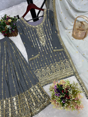 Wonderful Mirror Hand Work Grey Color Salwar Suit With Contrast Dupatta