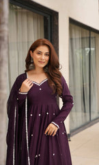 Attractive Purple Heavy Roman Silk Embroidery Anarkali Suit