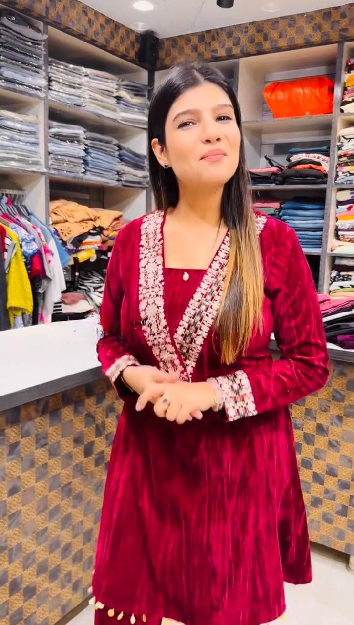 Function Wear Velvet Red Color Top With Pent