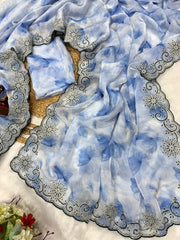 Party Wear Sky Blue Printed Silk Saree