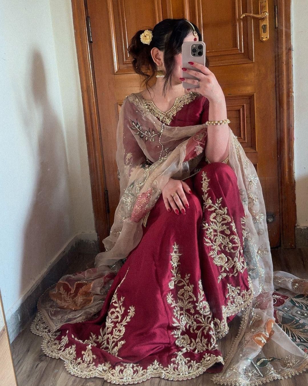 Stunning Chinon Embroidery Work Red Color Sharara Suit