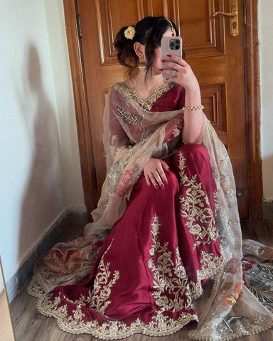 Stunning Chinon Embroidery Work Red Color Sharara Suit