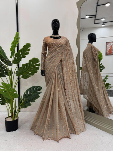 New Party Wear Beige Color Sequence Work Saree