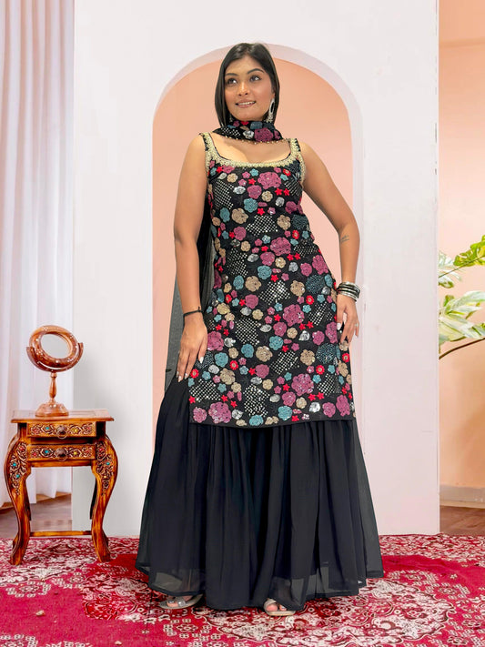 Pretty Black Georgette Sequence Work Sharara Suit