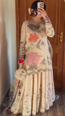 Captivating Chinon Embroidery Work Beige Color Gharara Suit