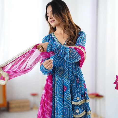 Lovely Blue Georgette Embroidery Work Gown