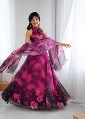 Glorious Pink Color Digital Printed Organza Lehenga