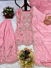 Wonderful Sequence Haldi Wear Pink Color Sharara Suit