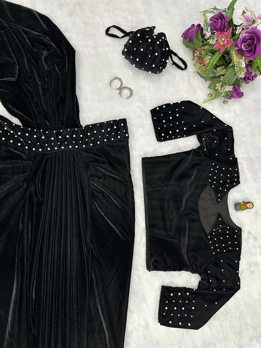 Superhit Black Color Moti Work Lehenga Saree