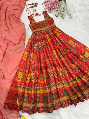 Gorgeous Red Organza Printed Anarkali Gown