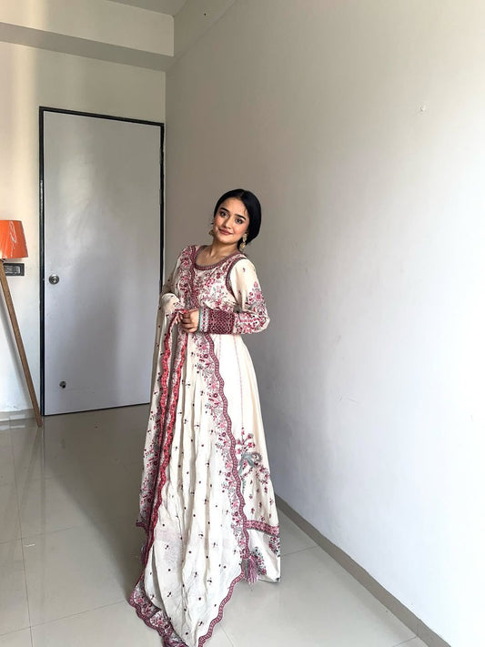 Gorgeous White Chinon Embroidery Work Gown
