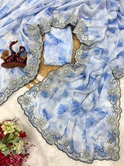 Party Wear Sky Blue Printed Silk Saree