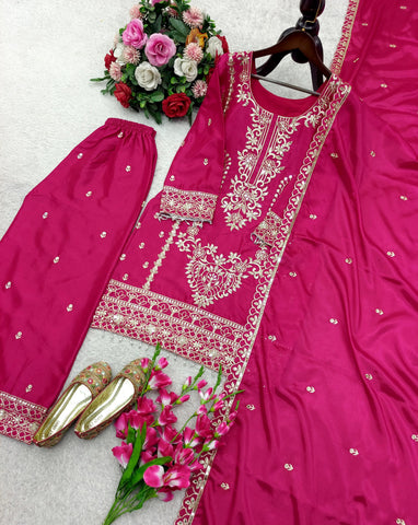Admiring Pink Chinon Silk Embroidery Work Palazzo Suit
