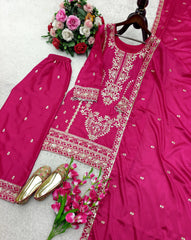 Admiring Pink Chinon Silk Embroidery Work Palazzo Suit