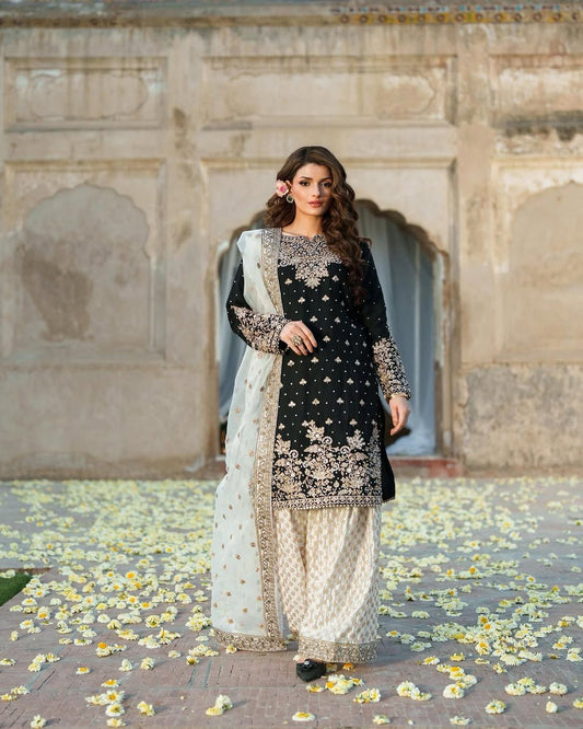 Black Color Embroidery And Sequence Palazzo Suit