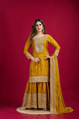 Fantastic Embroidery Sequence Work Mustard Color Sharara Suit