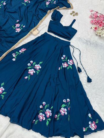 Wonderful Chinon Silk Blue Color Lehenga Choli