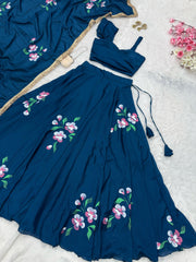 Wonderful Chinon Silk Blue Color Lehenga Choli