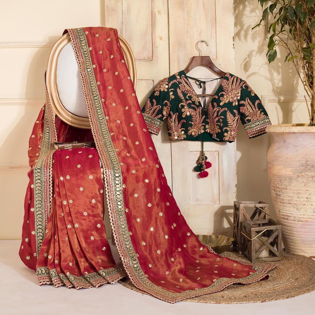 Designer Cording Embroidery Work Orange Color Saree