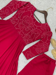 Trendy Red Roman Silk With Embroidery Work Gown