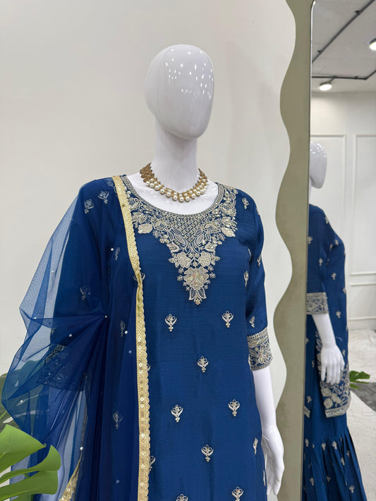 Delightful Navy Blue Color Sequence Work Sharara Suit