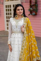 Preferable Georgette White Color Gown With Yellow dupatta