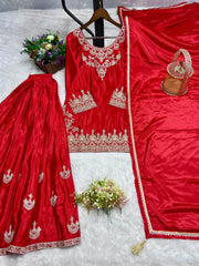 Exclusive Embroidery Work Red Color Palazzo Suit